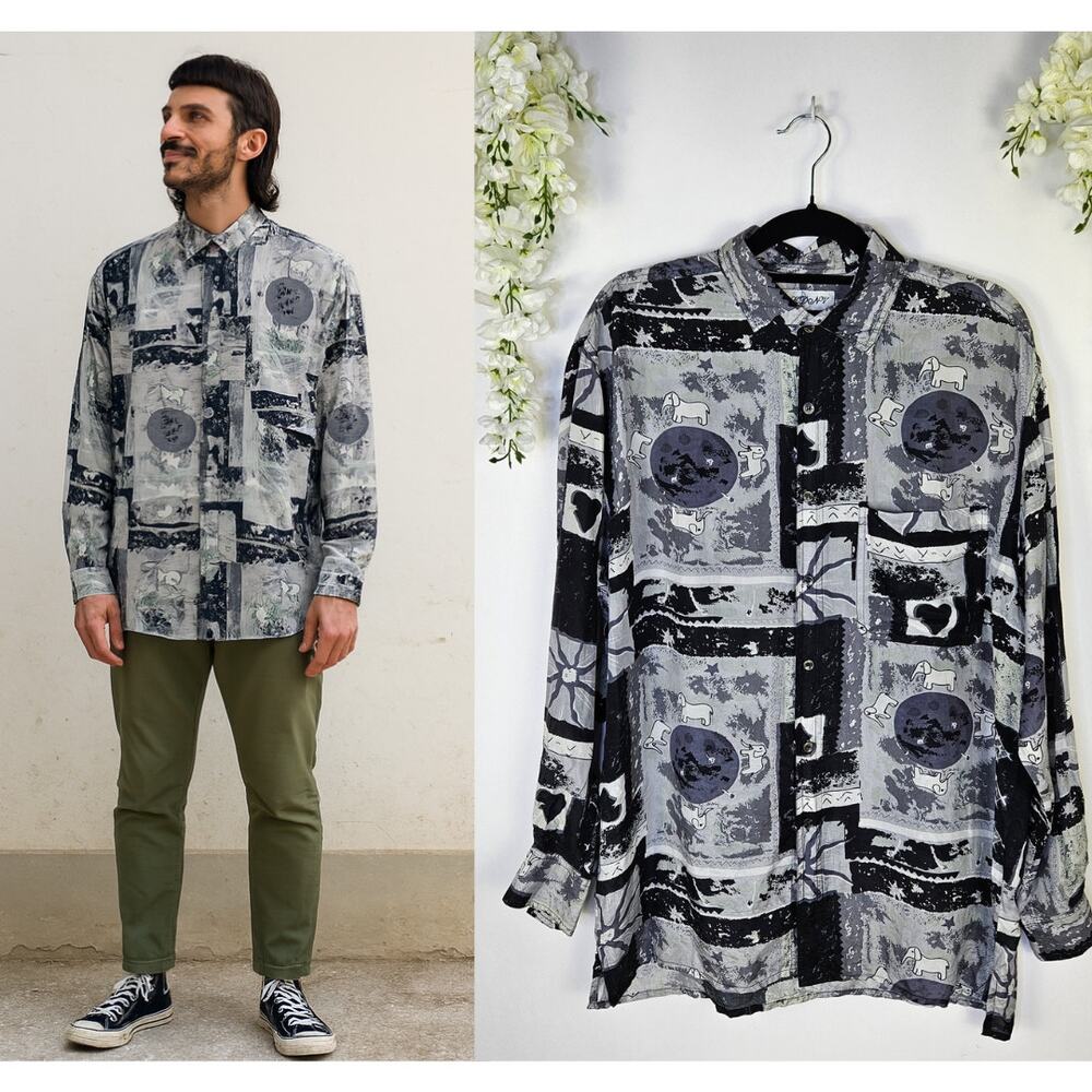 Vintage Mens Large Silk Button Up Gray Abstract Elephant Art Unique 80s Funky